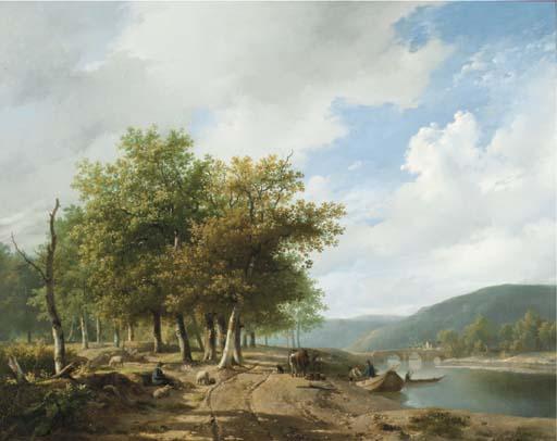 Hendrikus Van De Sande Bakhuyzen - Daily activities along a river in a hilly landscape