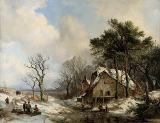 Hendrikus van de Sande Bakhuyzen - Figures on a frozen stream on the outskirts of a village