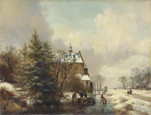 Hendrikus van de Sande Bakhuyzen - Gathering timber on the ice by a country house