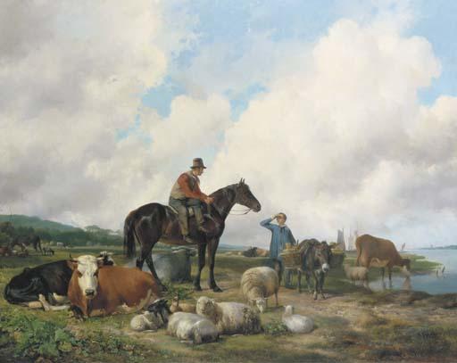 Hendrikus Van de Sande Bakhuyzen - Oosterbeeks paard: a farmer on horseback amongst his cattle