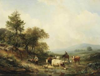 Hendrikus van de Sande Bakhuyzen - Watering cattle in a sunlit landscape