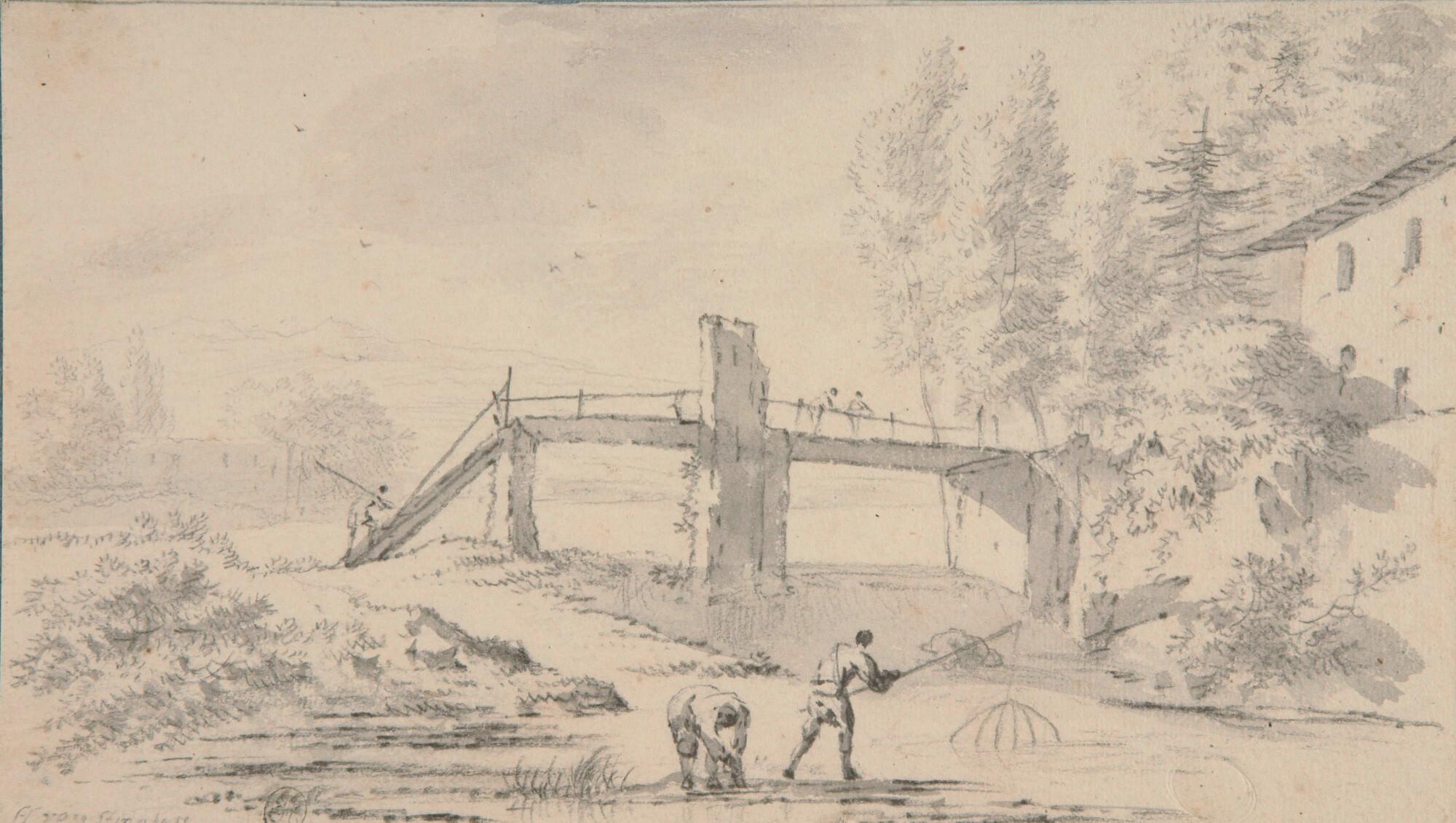 Hendvitz van der Straaten - Zwei Fischer am Fluß vor einer Brücke.