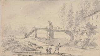 Hendvitz van der Straaten - Zwei Fischer am Fluß vor einer Brücke.