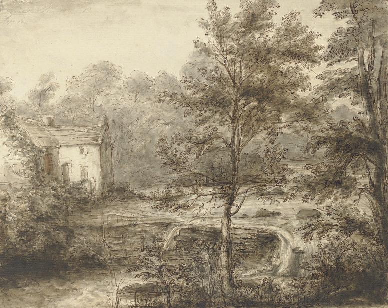 Heneage Finch, 4Th Earl of Aylesford - A landscape with a cottage and waterfall; and A sketch of women doing laundry
