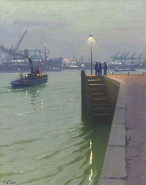 Henk Dekker - A View of Rotterdam- Schiemond By Night