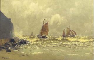 Henk Dekker - Sailing vessels off the coast of Scheveningen on a cloudy day