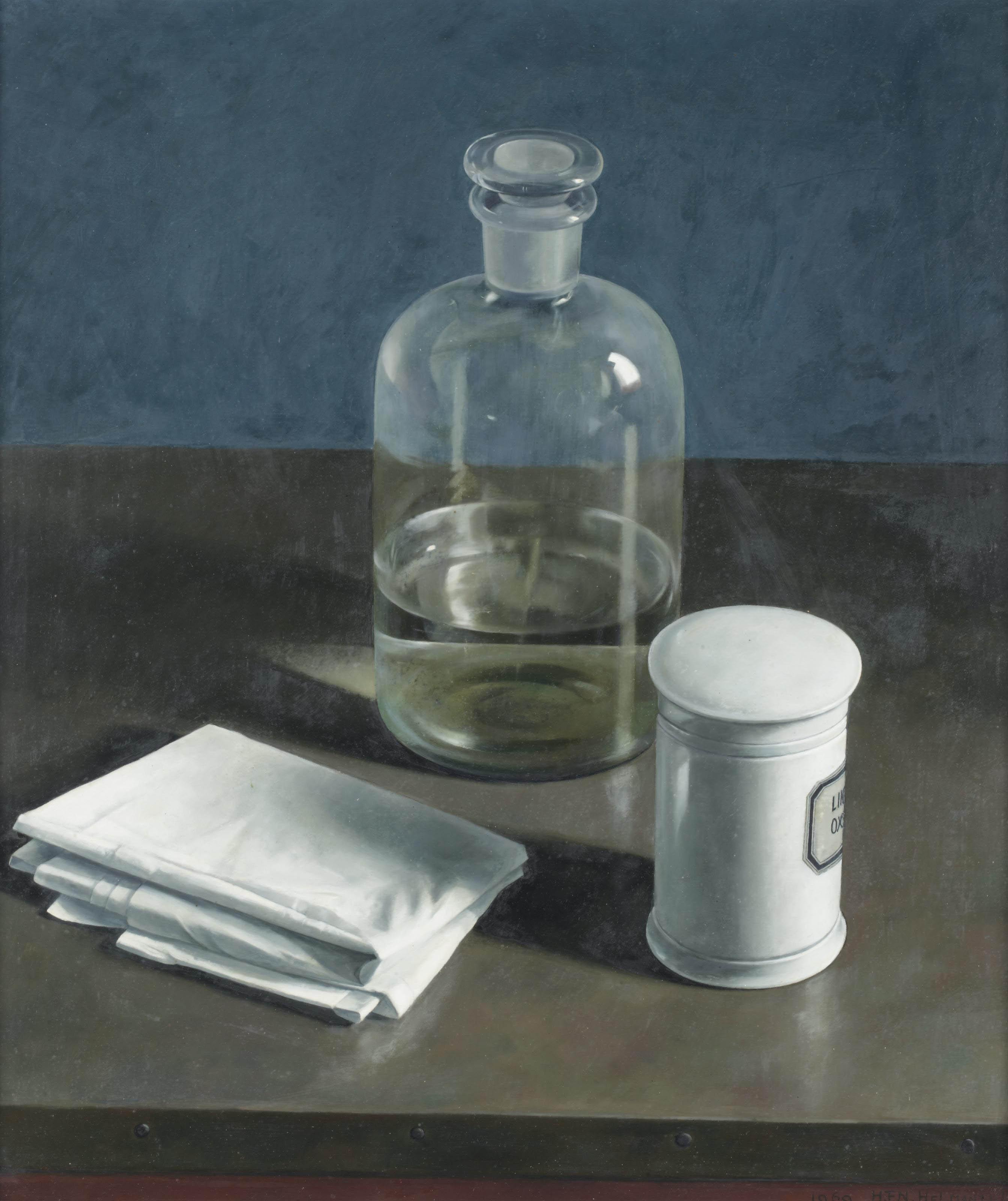 Henk Helmantel - A still life with a bottle and a pharmacy jar
