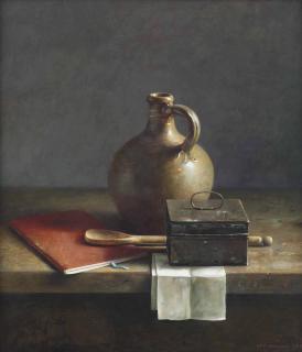 Henk Helmantel - A still life with a jug, a box and a red book
