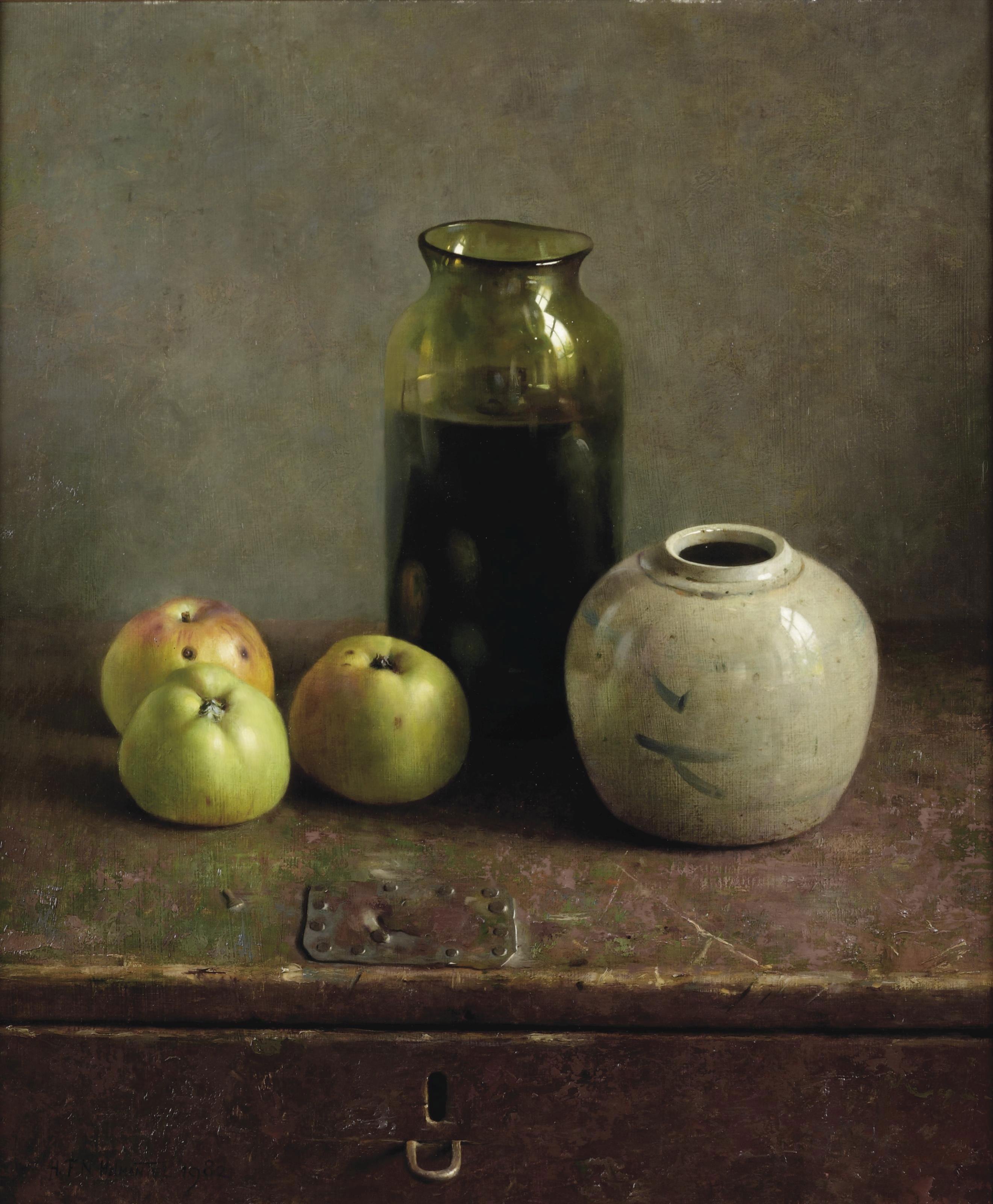 Henk Helmantel - A still life with apples and vases