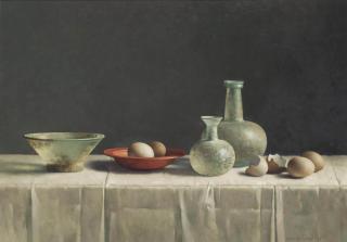 Henk Helmantel - A still life with eggs and Roman glass