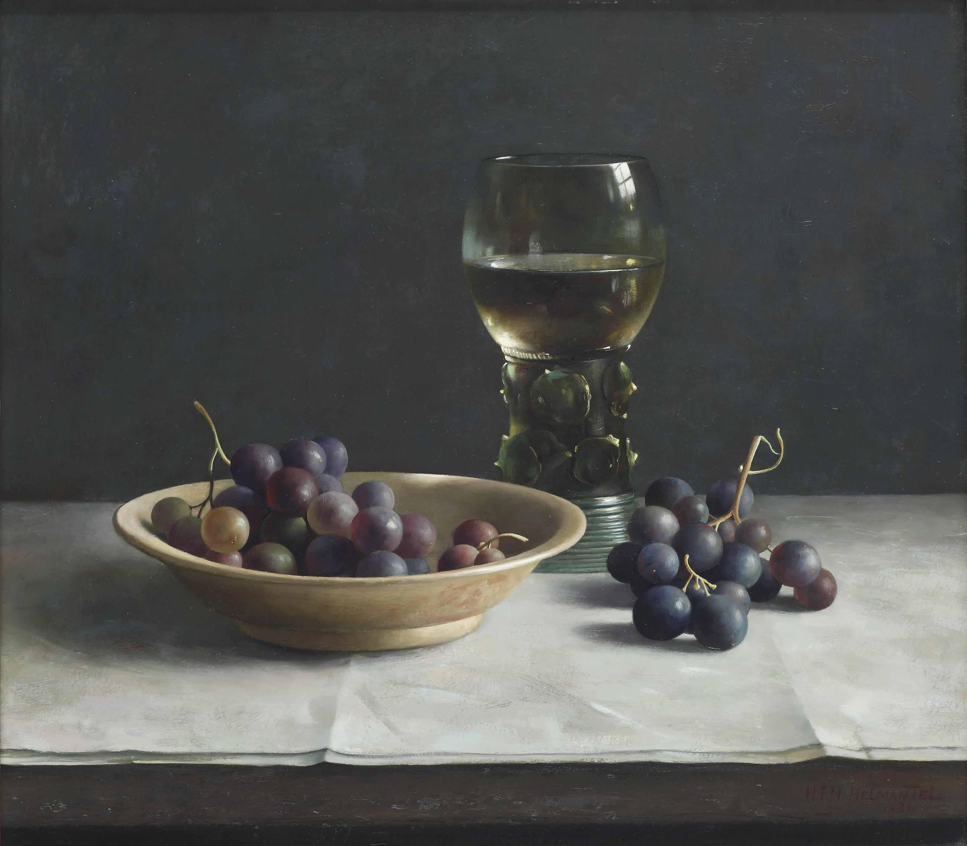 Henk Helmantel - A still life with grapes and a  roemer