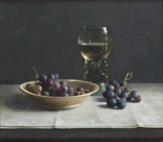 Henk Helmantel - A still life with grapes and a  roemer