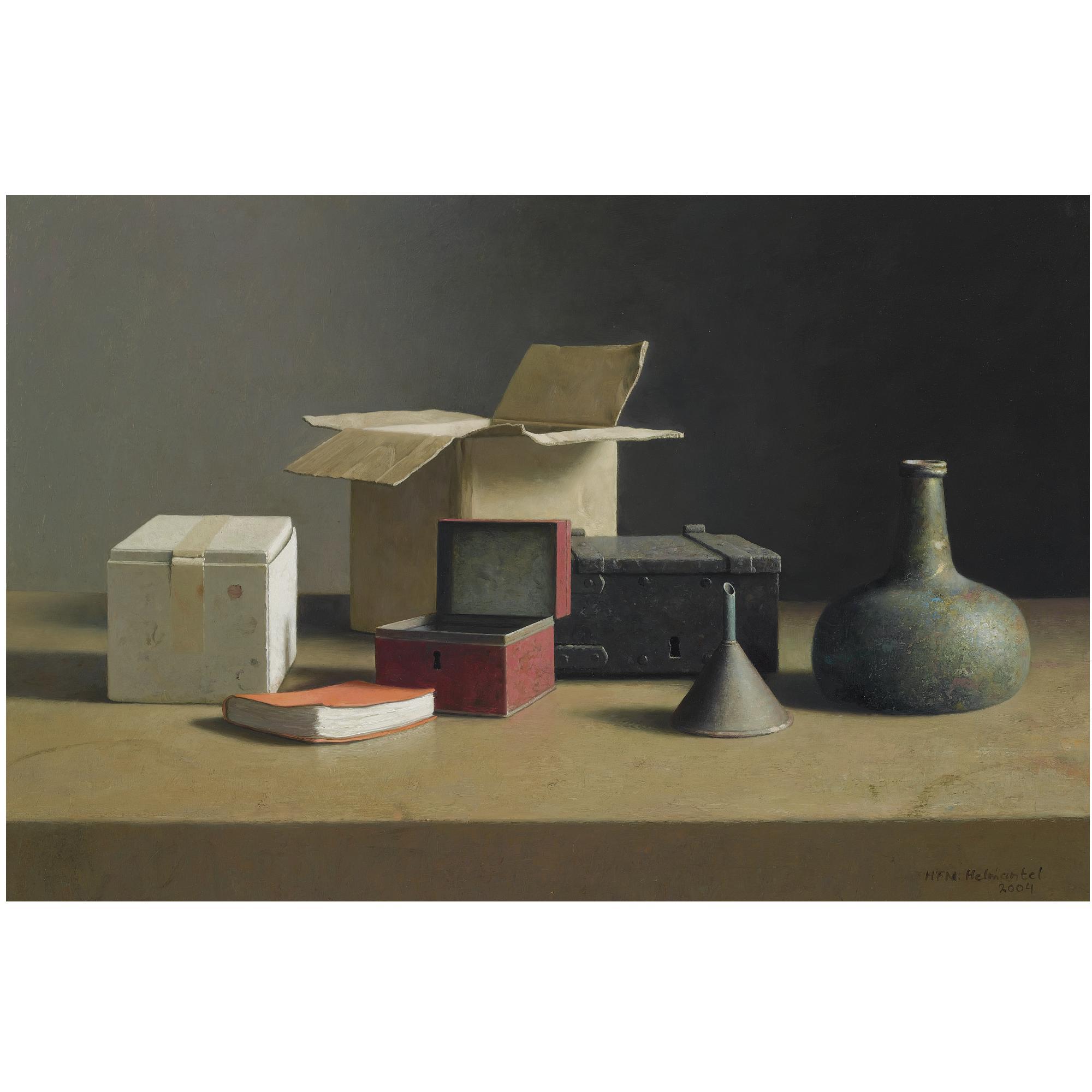 Henk Helmantel - Still Life With Boxes, A  Green Bottle And A Red Cover Book