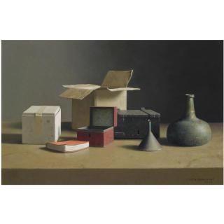 Henk Helmantel - Still Life With Boxes, A  Green Bottle And A Red Cover Book