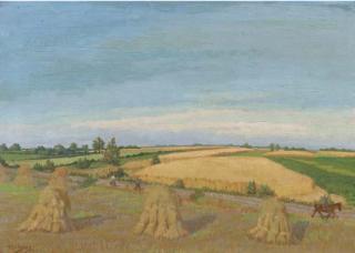 Henk Melgers - Workers in a corn field, corn sheaves in the foreground