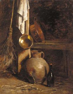 Henri Adolphe Laissement - An earthenware jug, a bottle, copper pans and a broom in the corner of a barn