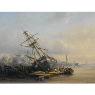 Henri Adolphe Schaep - Figures At Work In A Harbour