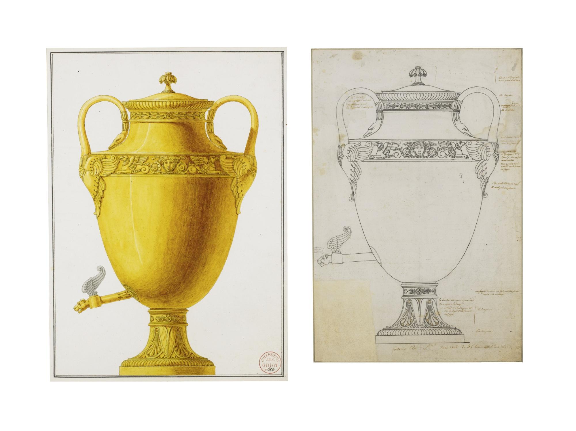 Henri Auguste - A) Presentation Drawing Of A Tea Urn B) A Working Sketch For The Same Urn