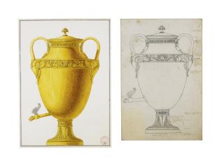 Henri Auguste - A) Presentation Drawing Of A Tea Urn B) A Working Sketch For The Same Urn