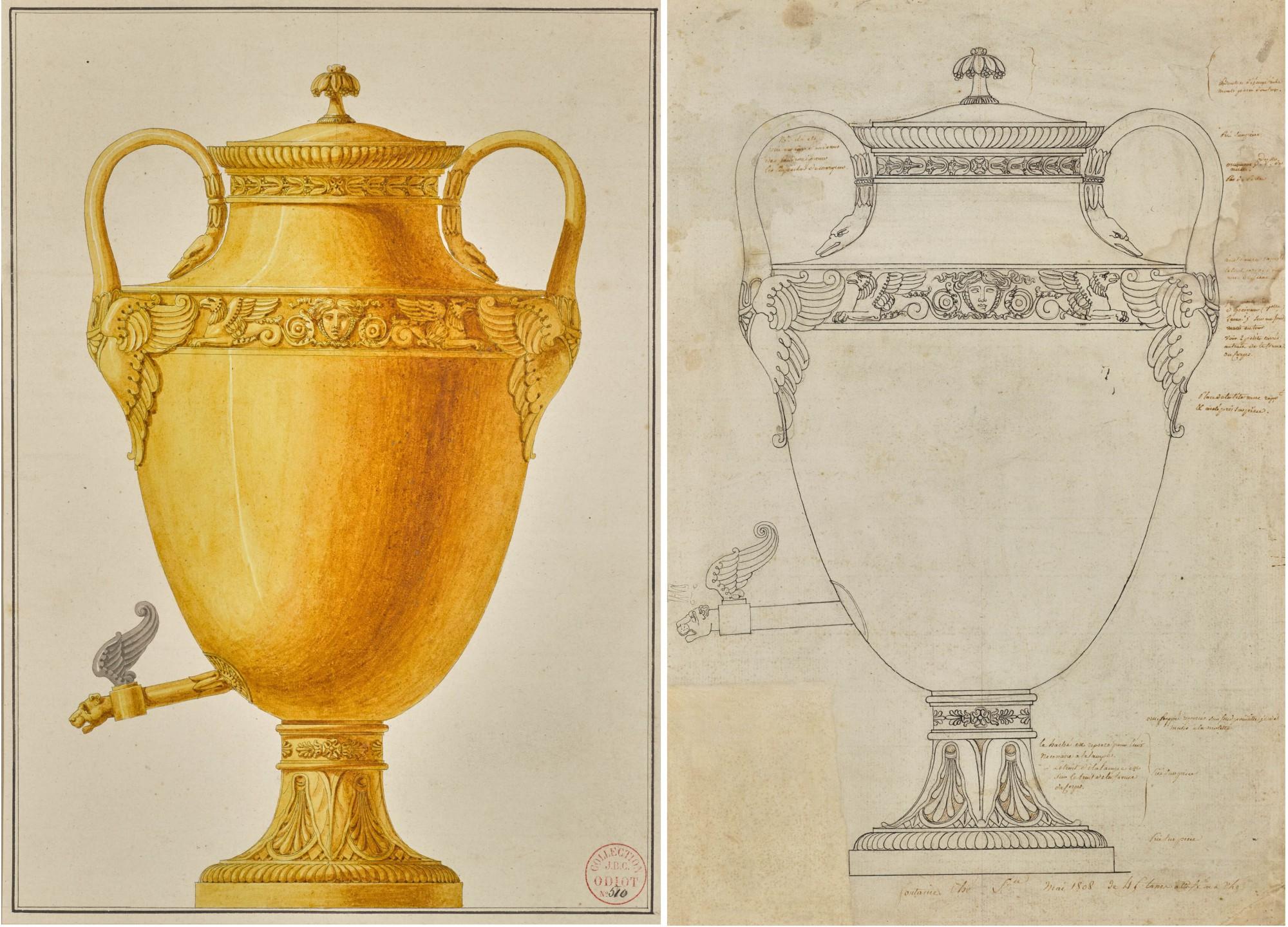 Henri Auguste - A) Presentation Drawing Of A Tea Urn B) A Working Sketch For The Same Urn
