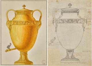 Henri Auguste - A) Presentation Drawing Of A Tea Urn B) A Working Sketch For The Same Urn