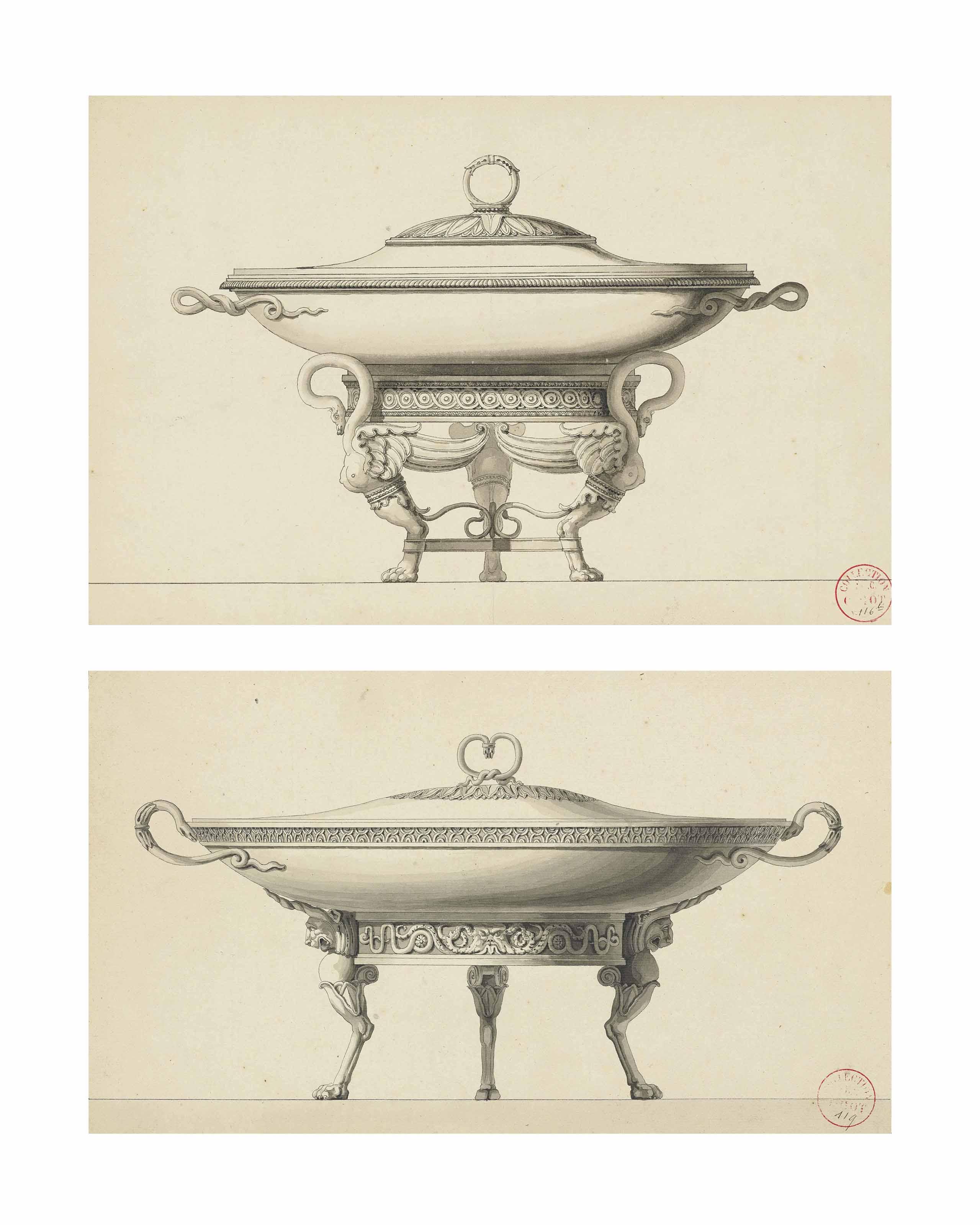 Henri Auguste - An Empire Style Vegetable Dish And Cover On Three Paw Feet With Attaches With A Swan’S Neck; And An Empire Style Vegetable Dish And Cover On Three Paw Feet With Attaches With A Lion’S Head