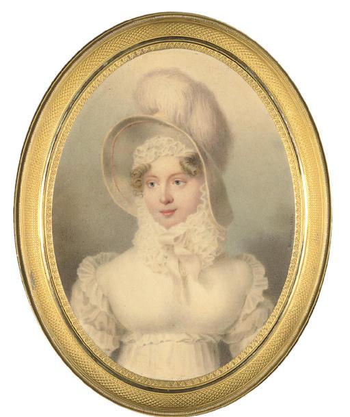 Henri Benner - Grand Duchess Maria Pavlovna, Grand Duchess of Saxe-Weimar-Eisenach (1786-1859), in white dress with frilled sleeves, a frill at her waist, large frilled collar and bonnet, a white hat with feathers on her fair hair