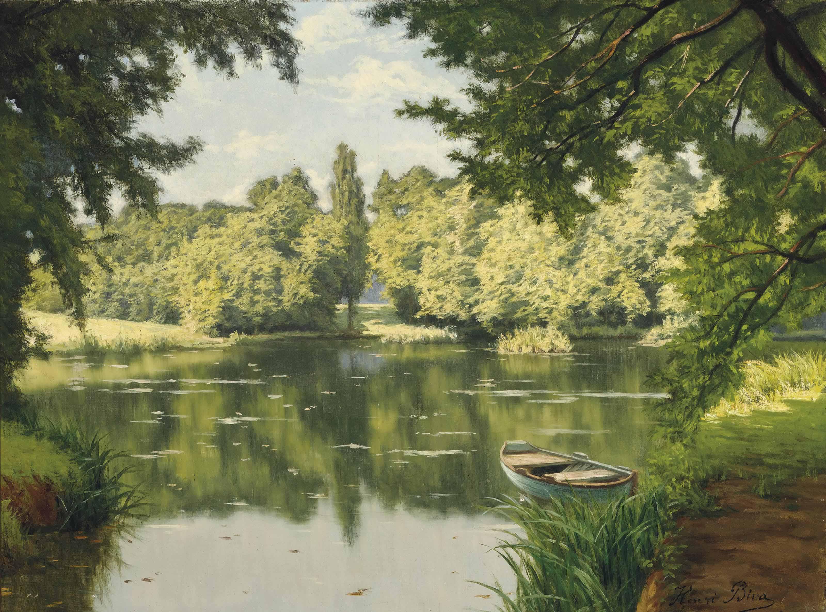 Henri Biva - A boat moored on a tranquil lake