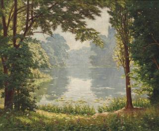 Henri Biva - A lake at a forest clearing
