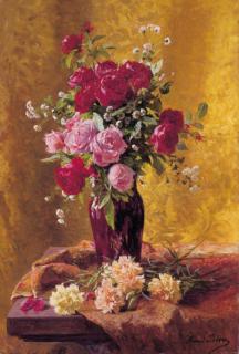 Henri Biva - A vase of roses with carnations on a draped table