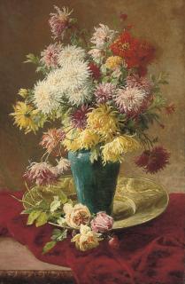 Henri Biva - Chrysanthemums and roses in a vase on a salver