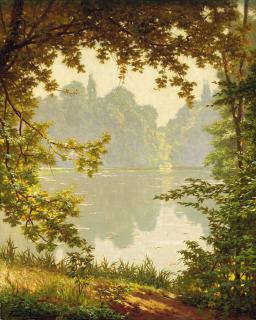 Henri Biva - Looking Out Onto A Lake On A Summer Day