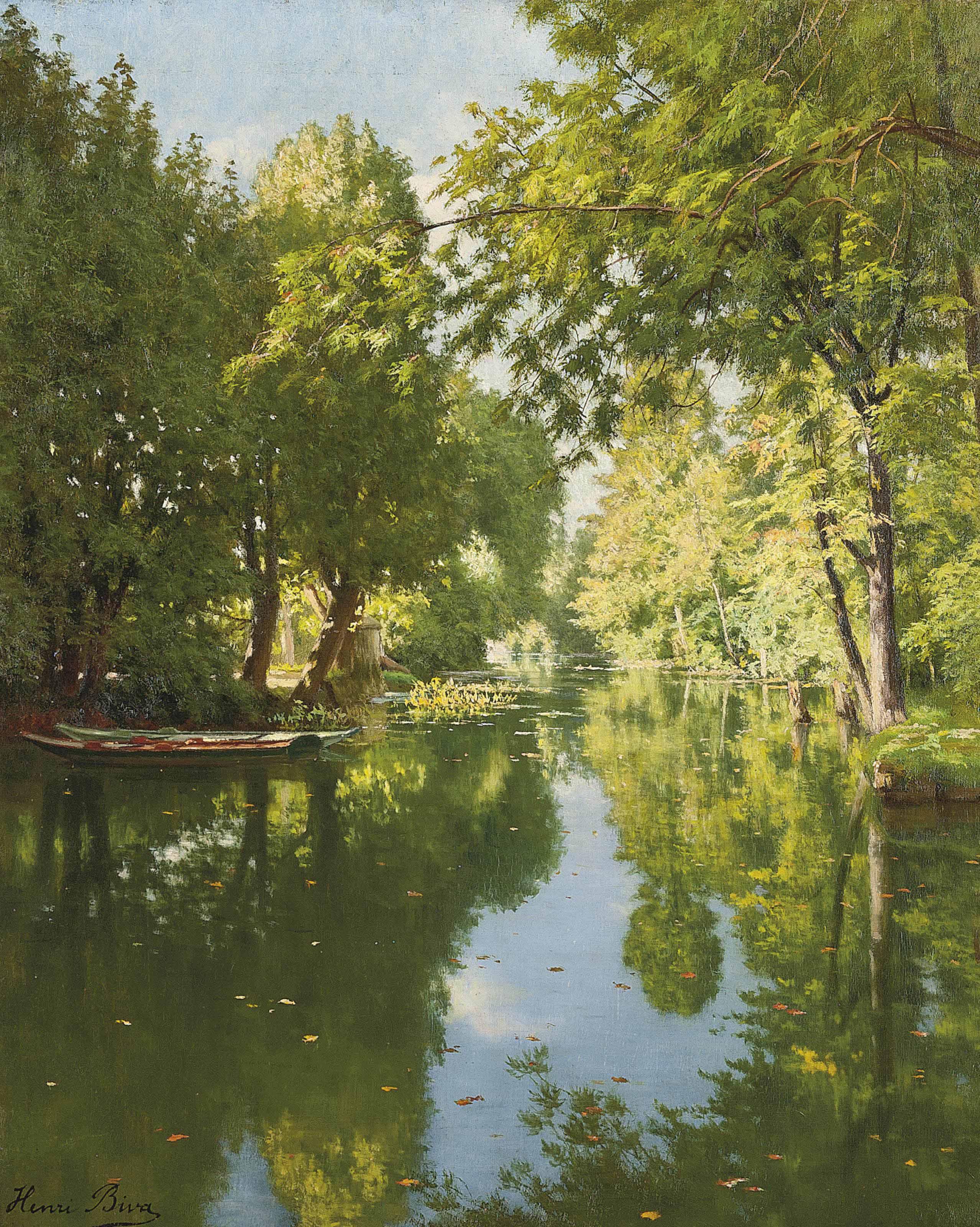 Henri Biva - Punts moored on still waters