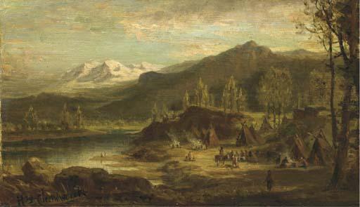Henri Cleenewerck - An Indian camp by a river