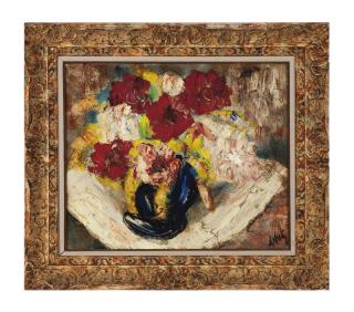 Henri D\'Anty - Still life with red and pink flowers in a blue vase