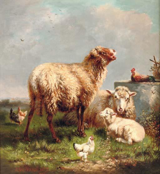 Henri de Beul - Sheep and chickens in a pasture
