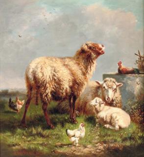 Henri de Beul - Sheep and chickens in a pasture