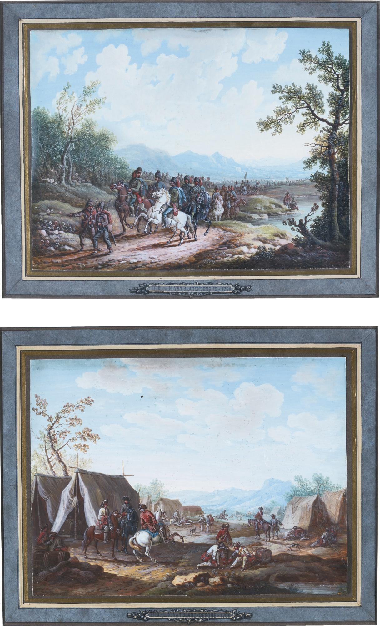 Henri Désiré Van Blarenberghe - A Pair Of Military Scenes: A) An Encampment, With Three Mounted Soldiers, And Three Others Gaming; B) A Military Convoy By A Stream