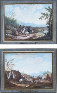 Henri Désiré Van Blarenberghe - A Pair Of Military Scenes: A) An Encampment, With Three Mounted Soldiers, And Three Others Gaming; B) A Military Convoy By A Stream
