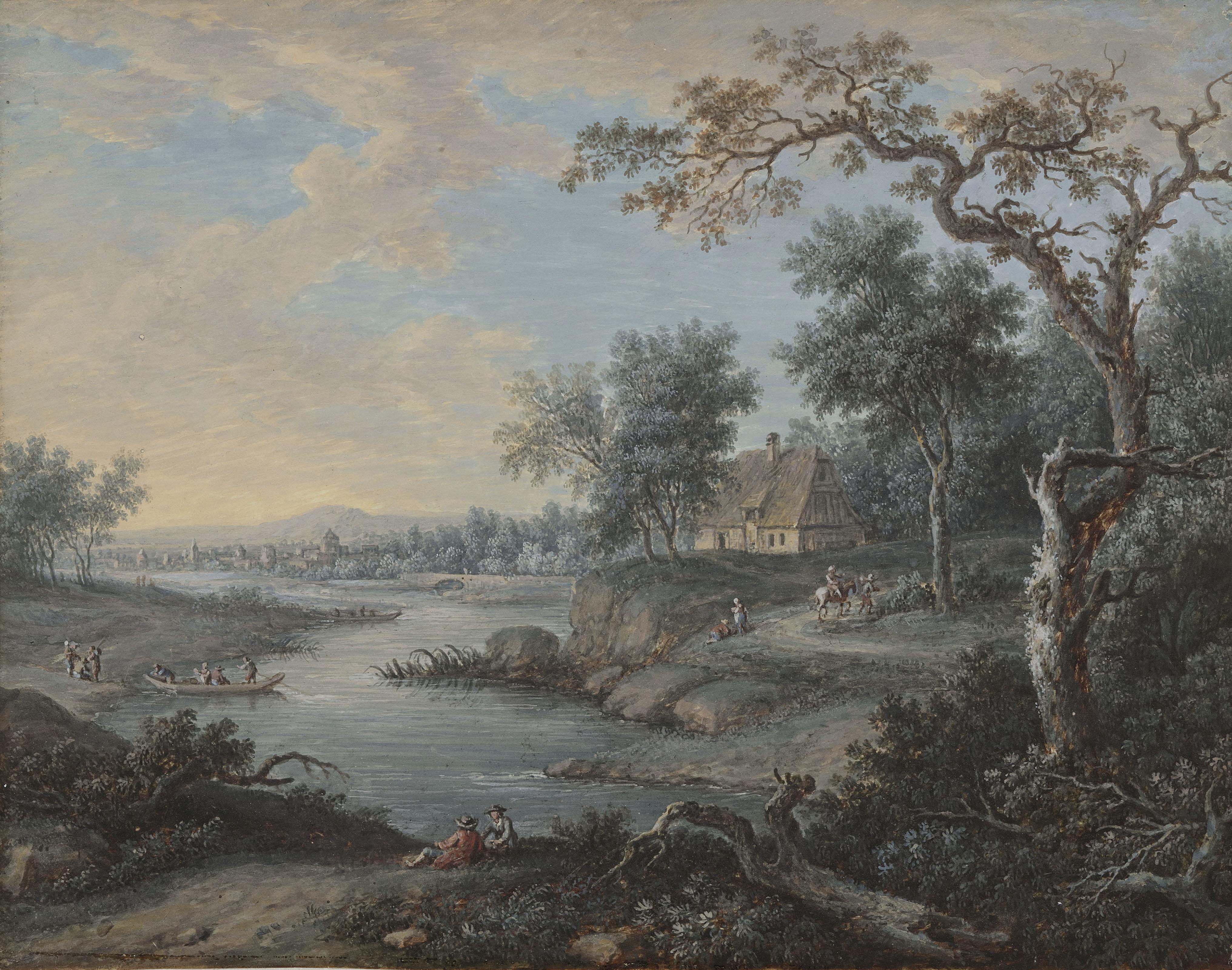 Henri-Désiré Van Blarenberghe - A wooded river landscape with travellers and a town in the distance
