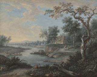 Henri-Désiré Van Blarenberghe - A wooded river landscape with travellers and a town in the distance