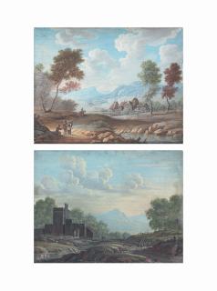 Henri-Desiré Van Blarenberghe - Travellers In A Wooded Landscape, A Village Beyond; And A Wooded Landscape With A Castle, Travellers On A Road