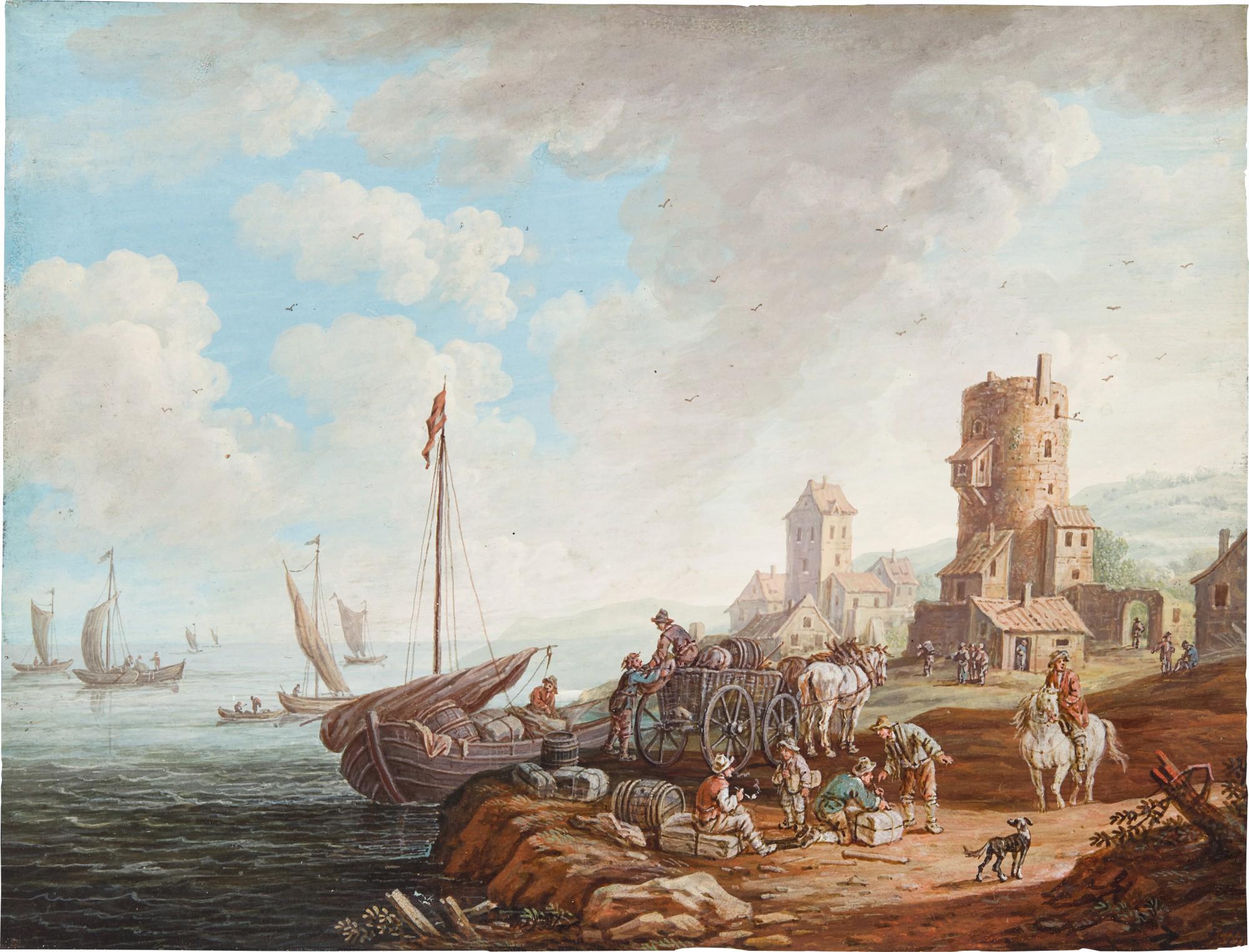 Henri-Desiré van Blarenberghe - Villagers unloading a boat near a Tower