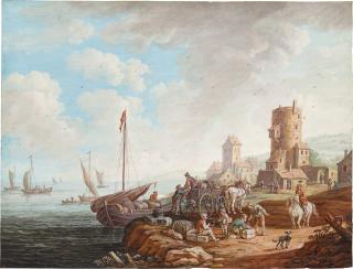 Henri-Desiré van Blarenberghe - Villagers unloading a boat near a Tower