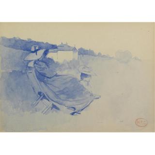 Henri Edmond Cross - Coast Near Le Lavandou With Seated Woman; Woman On A Balcony: A Pair Of Watercolors