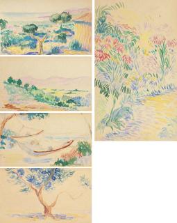 Henri-Edmond Cross - i) Paysage de Provence (recto); études d\'arbres (verso) II) Paysage du Lavandou (recto); Études de femme (verso)  III) Le chemin fleuri  iv) Le hamac près de la mer v) Étude d\'arbre