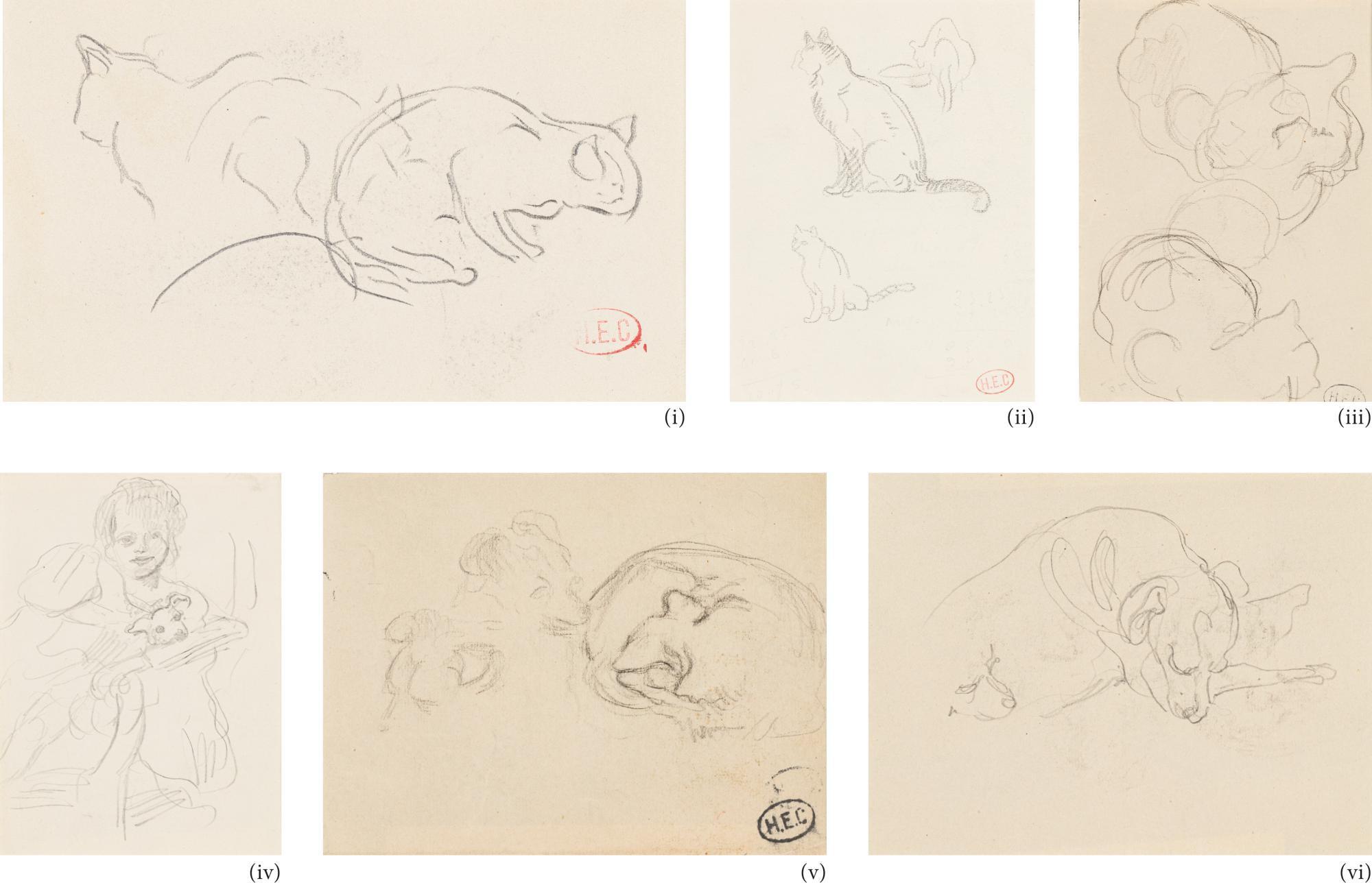 Henri Edmond Cross - Six Dessins : (I) Deux Chats (Recto - Verso) (Ii) Trois Chats (Recto - Verso) (Iii) Deux Chats, Vue En Plongée (Recto - Verso) (Iv) Femme Au Chien (V) Chat Et Chien (Vi) Chien