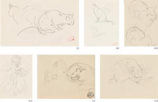 Henri Edmond Cross - Six Dessins : (I) Deux Chats (Recto - Verso) (Ii) Trois Chats (Recto - Verso) (Iii) Deux Chats, Vue En Plongée (Recto - Verso) (Iv) Femme Au Chien (V) Chat Et Chien (Vi) Chien