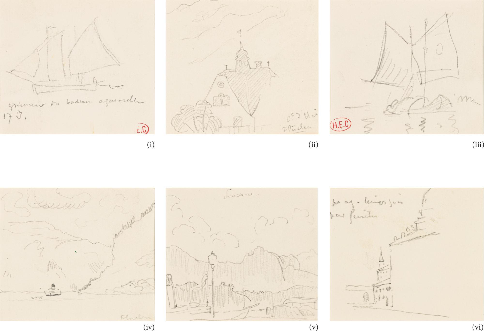 Henri Edmond Cross - Six Dessins : (I) Voilier (Ii) Paysage À Uri (Iii) Voilier Sur L\'Eau (Iv) Bateau Au Loin (V) Paysage À Lucerne (Vi) Vue De Village, Temps Gris