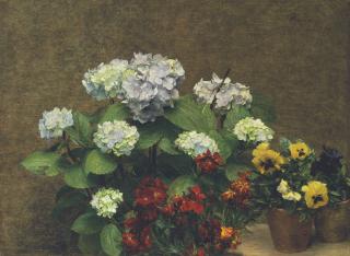 Henri Fantin-Latour - Fleurs (Hortensias, giroflées, deux pots de pensées)